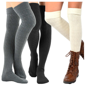 Fashion Socks Long Thigh Highs, Over the Knee Highs, Knee Highs Women Girls Cotton Slouchy Boot Socks One Size Over the Knee-cable Cuff Dark_3pair