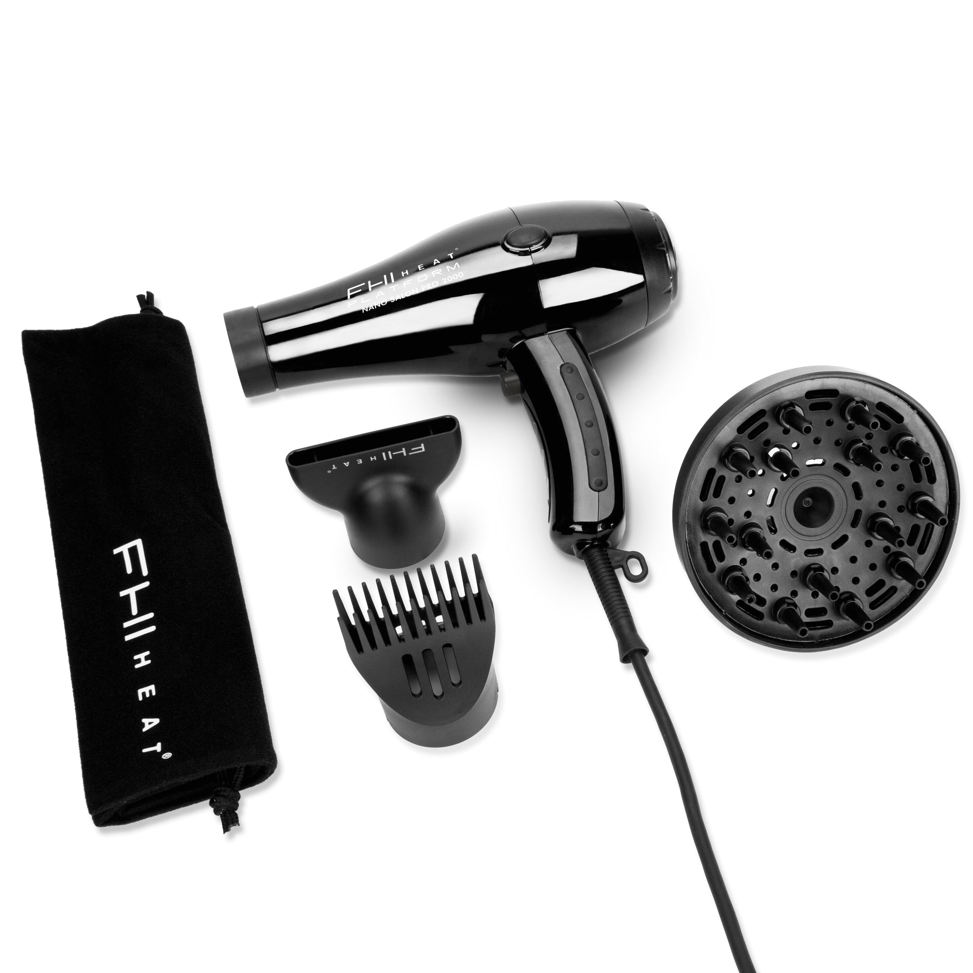 FHI HEAT Platform Nano Power Salon Pro 2000 Tourmaline Ceramic Quick Dry Hair Dryer with 3 Piece Attachment Set (Comb