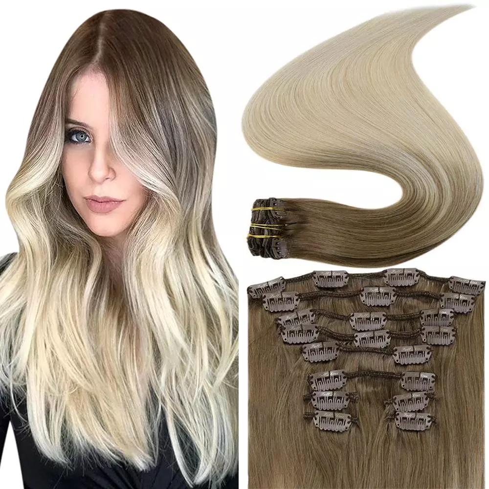 Full Shine Clip in Human Hair Extensions Remy Clip in Hair Extensions 12 Inch Blonde Highlights Clip in Extensions 100 Gram Human Hair Clip ins Color 8P60 Blonde Hair Extensions Brazilian Hair 7 Pcs 12 Inch #8P60