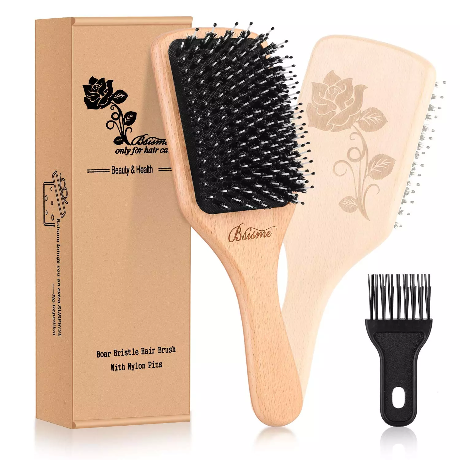 Hair Brush Comb Set Boar Bristle Hairbrush for Curly Thick Long Fine Dry Wet Hair,Best Travel Bamboo Paddle Detangler Detangling Hair Brushes for Women Men Kids Adding Shine Smoothing Hair Natural Wood Color3