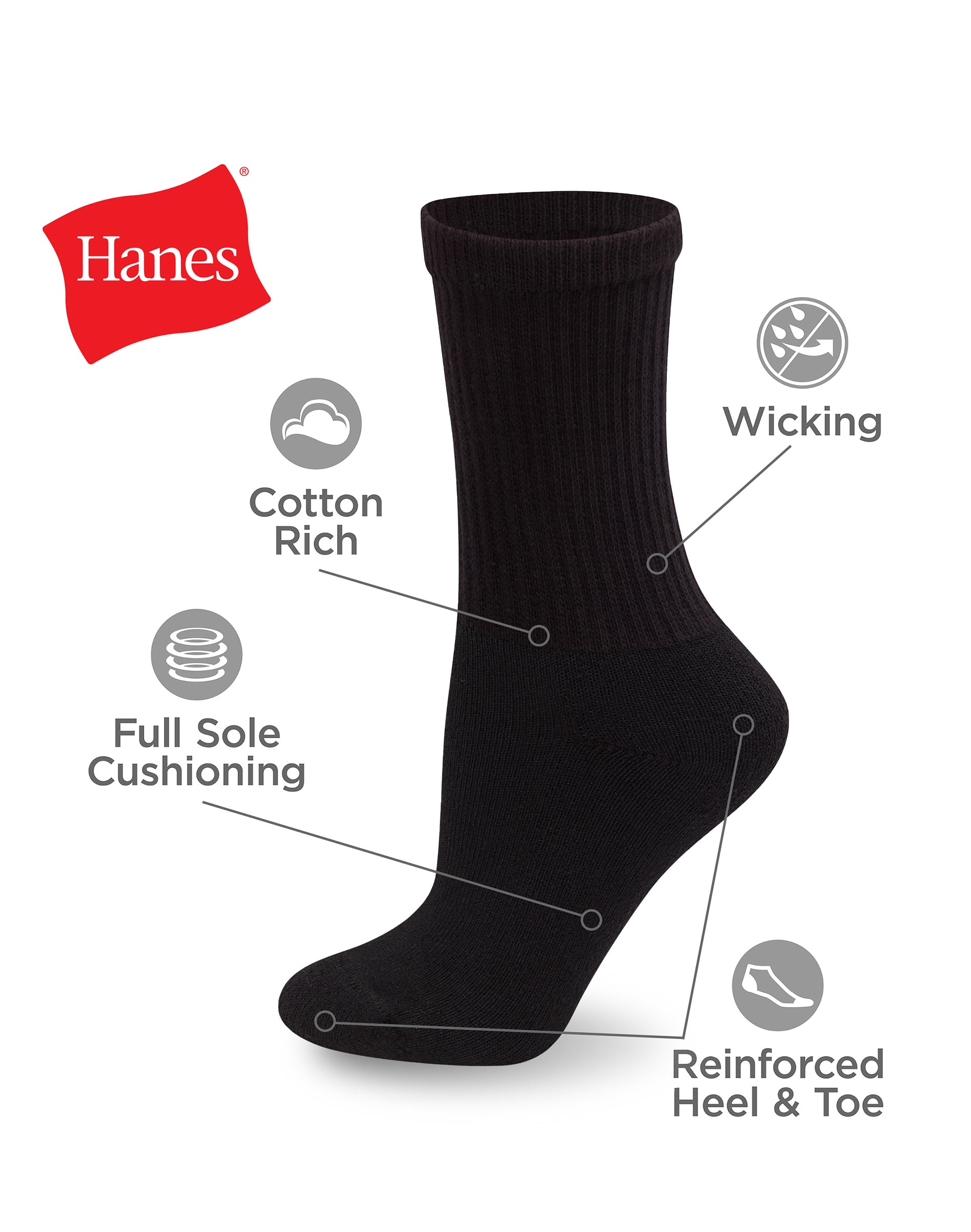 Hanes Women’s Cushioned Crew Athletic Socks