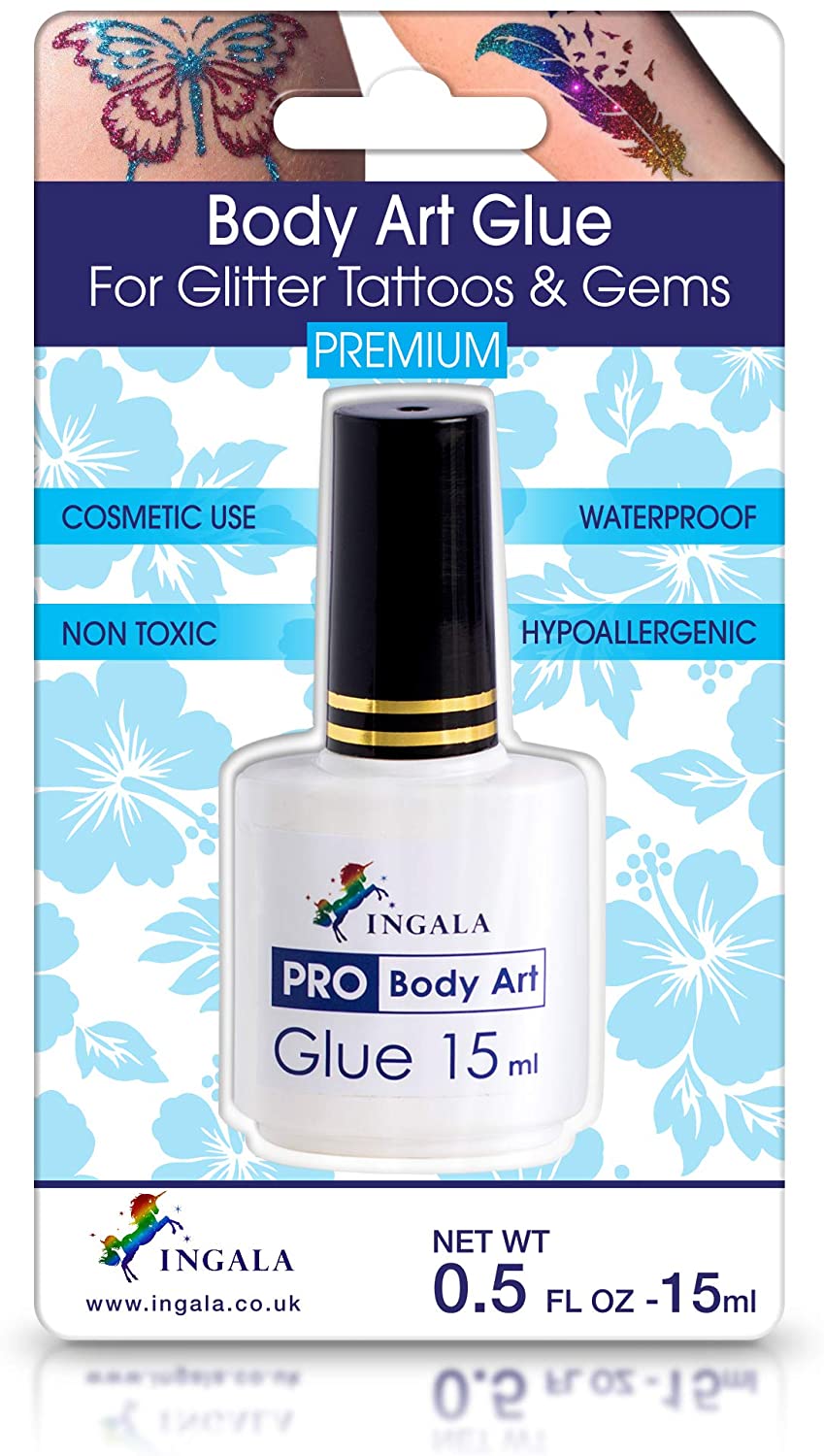 INGALA PREMIUM Body Adhesive | Body Glue for Glitter Tattoos| Double Size: 0.5fl oz / 15ml | Hypoallergenic & Dermatologically Tested | Body Glue | Waterproof