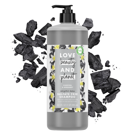 Love Beauty And Planet Delightful Detox Daily Clarifying Sulfate-Free Shampoo Cleansed Hair Care Charcoal and Bergamot Silicone-free, Paraben-free, Vegan Shampoo 32.3 oz