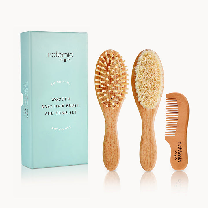 Natemia Premium Wooden Baby Hair Brush and Comb Set