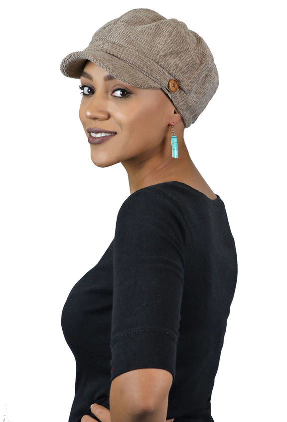 Newsboy Cap for Women Cancer Headwear Chemo Hat Ladies Head Coverings Tweed Corduroy Chenille Taupe