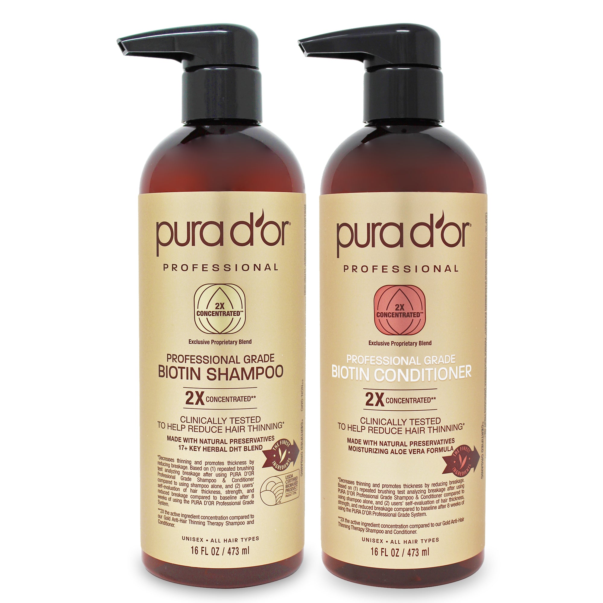 PURA D'OR Anti-Thinning Professional Grade Biotin Shampoo & Conditioner Set, Clinically Proven, 2X Concentrated DHT Blocker Hair Thickening Products For Women & Men, All Natural Shampoo, 16oz x 2