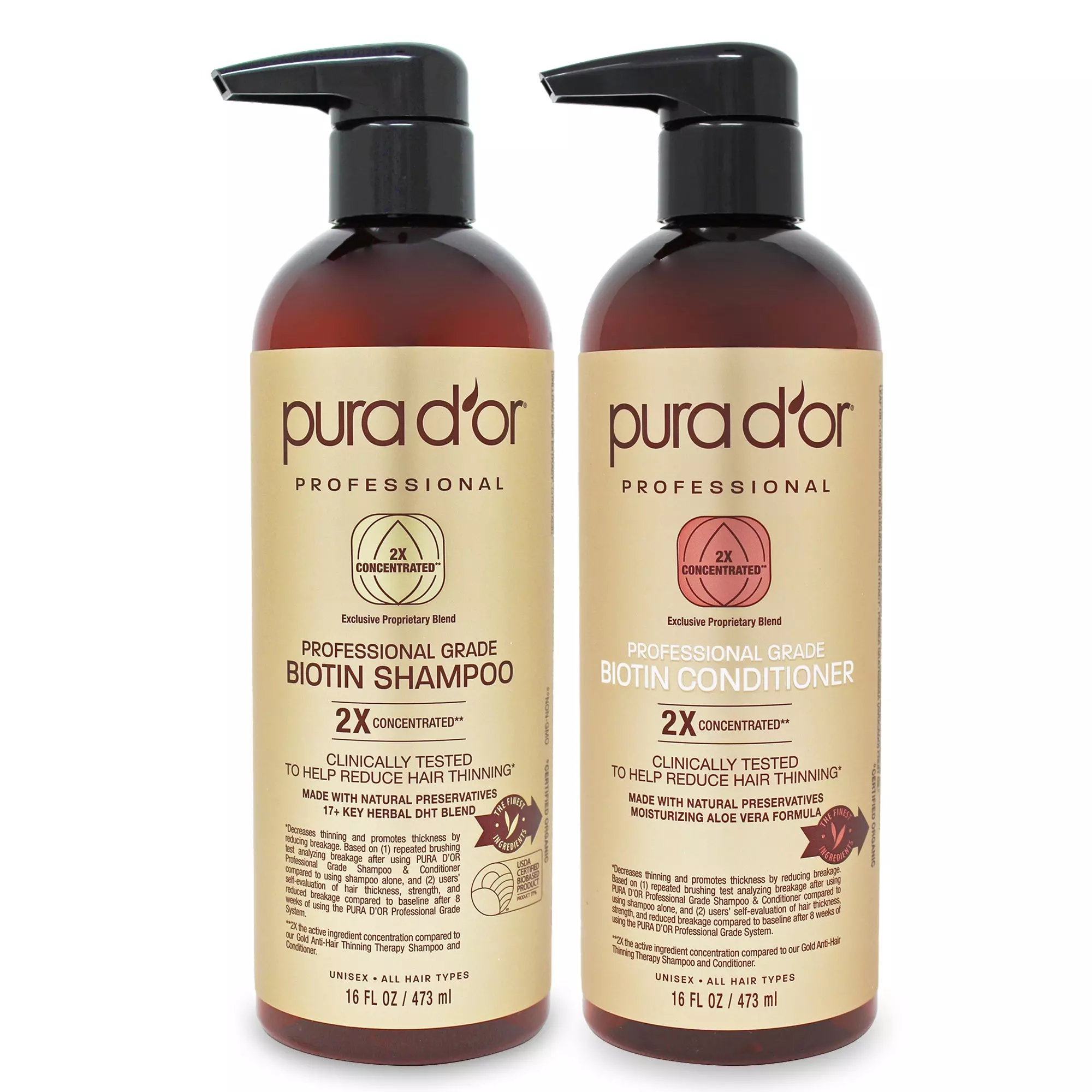 PURA D'OR Anti-Thinning Professional Grade Biotin Shampoo & Conditioner Set, Clinically Proven, 2X Concentrated DHT Blocker Hair Thickening Products For Women & Men, All Natural Shampoo, 16oz x 2