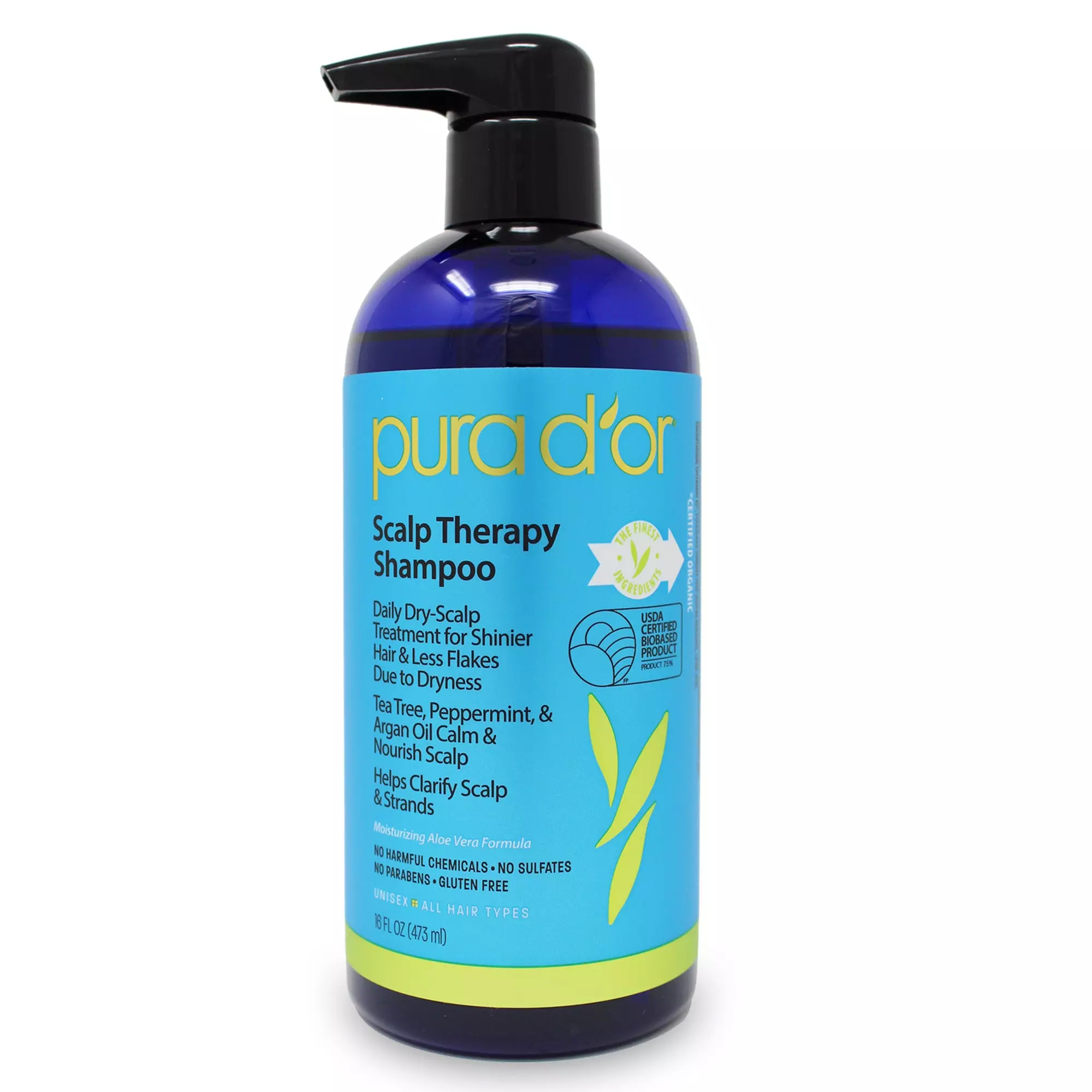 PURA D'OR Scalp Therapy Shampoo (16oz) Hydrates & Nourishes Scalp - Scalp Care Shampoo For Itchy Flaky Scalp w/ Tea Tree, Peppermint, Patchouli, Cedarwood, Clary Sage, Argan Oil (Packaging may vary)