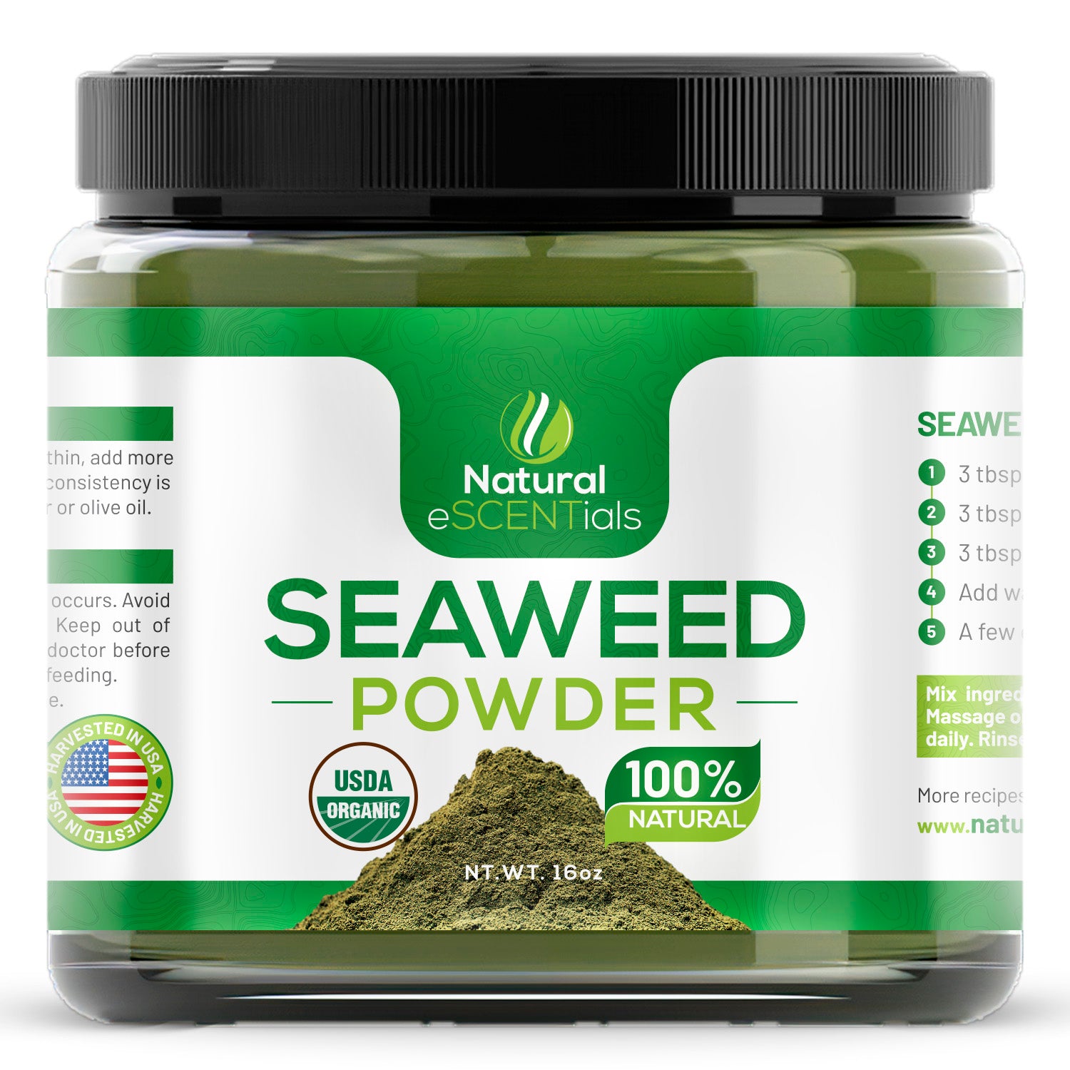 Sea Kelp USDA Organic 1 Lb - Kosher Certified Seaweed Powder - Kelp Powder Organic - Ascophyllum Nodosum - Seaweed Face Mask - Detox Body Wraps - Cellulite Treatment - Cellulite Scrub - Free Recipes