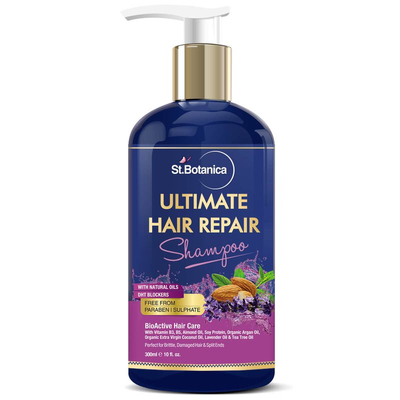 StBotanica Ultimate Hair Repair Shampoo, 300ml - No SLS/Sulphate, Paraben or Silicon - With Vitamin B3, B5, Organic Argan Oil, Almond Oil, Saw Palmetto, Coconut Oil.