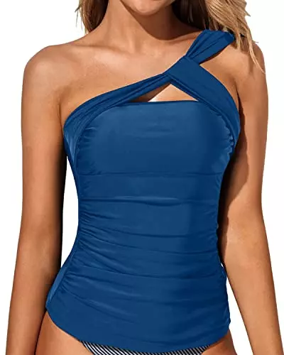 Tempt Me Two Piece Tankini Bathing Suits for Women One Shoulder Swim Top with Shorts Swimsuits Navy Blue Medium