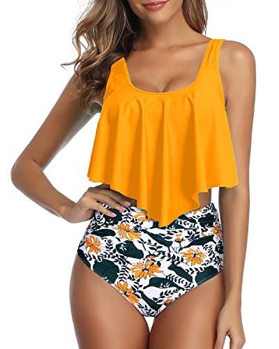 Tempt Me Women Two Piece Swimsuits Ruffle High Waisted Bikini Ruched Bathing Suit with Bottom Medium Yellow