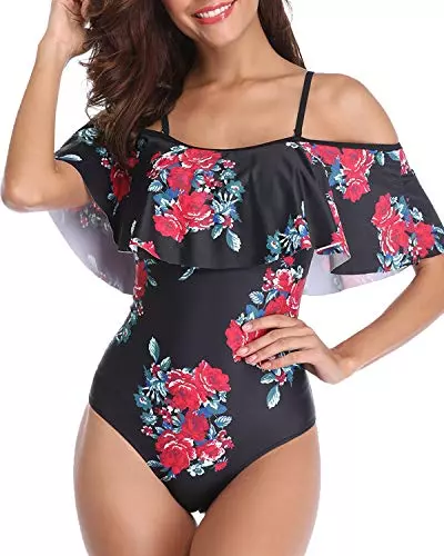 Tempt Me Women's One Piece Swimsuit Vintage Off Shoulder Ruffled Bathing Suits Large C