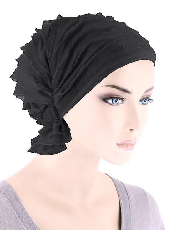 Turban Plus The Abbey Cap in Ruffle Fabric Chemo Caps Cancer Hats for Women One Size 01- Ruffle Black