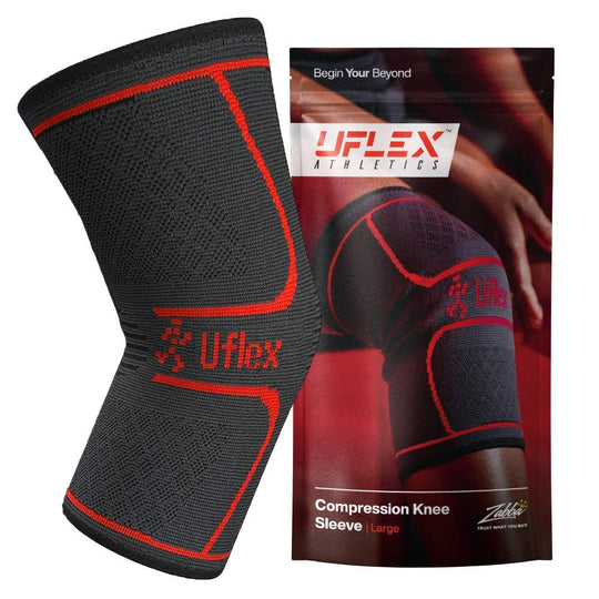 UFlex Knee Compression Sleeve Support for Women and Men - Non Slip Knee Brace for Pain Relief, Fitness, Weightlifting, Hiking, Sports - Red, Medium Red Medium
